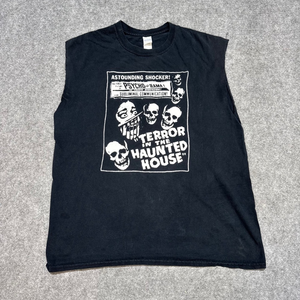 Gildan Terror in the Haunted House Horror Graphic Muscle Tee Black Mens Large